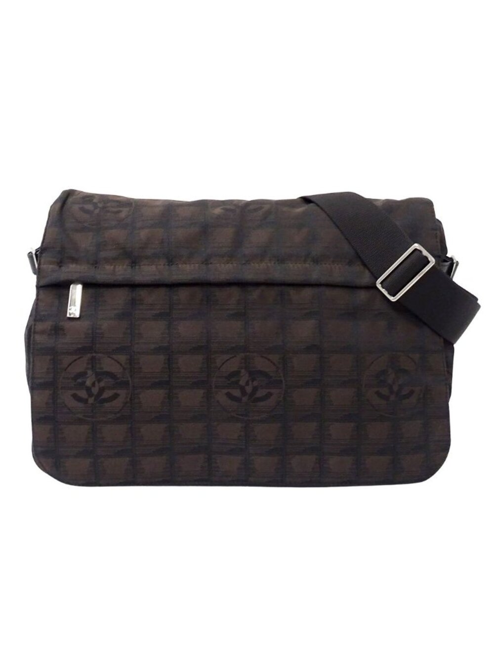 Chanel New Travel Shoulder Bag Nylon Brown Silver